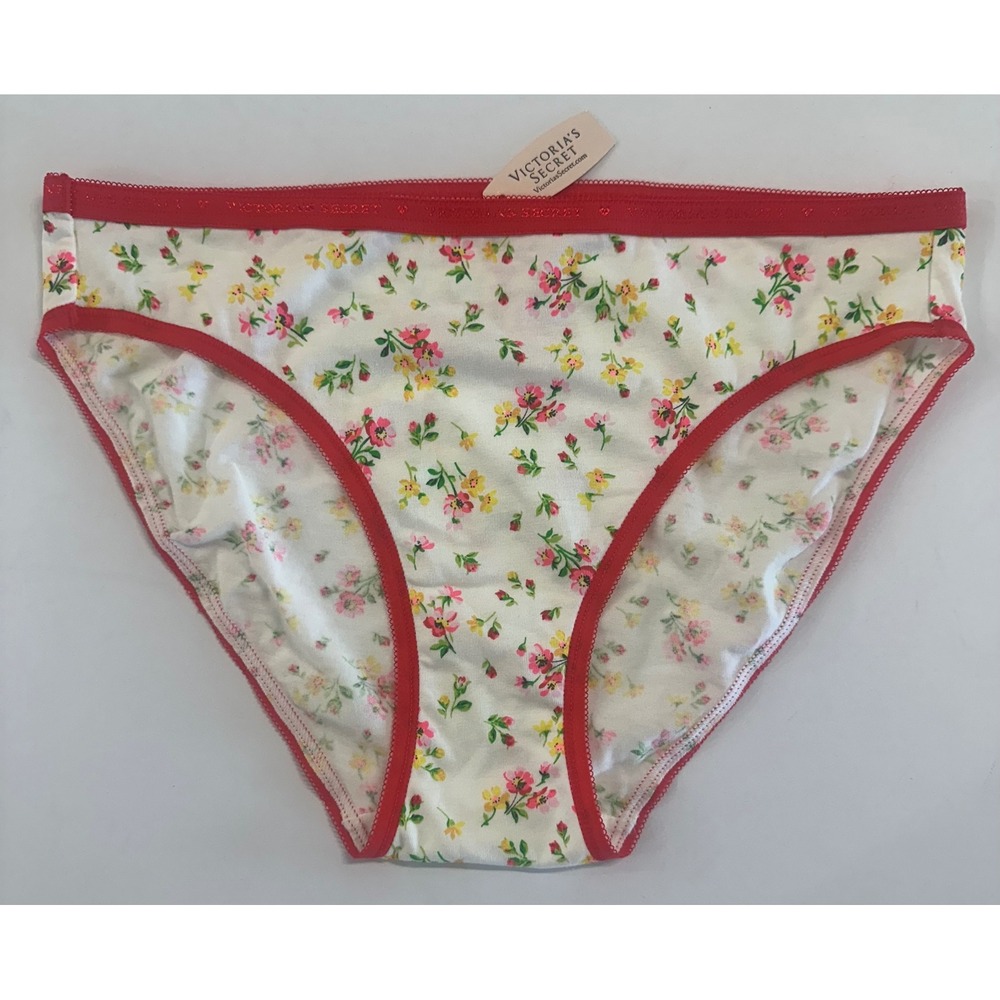 Victoria's Secret Bikini Panties M NWT 2013 Cotton Floral Red Trim Vintage